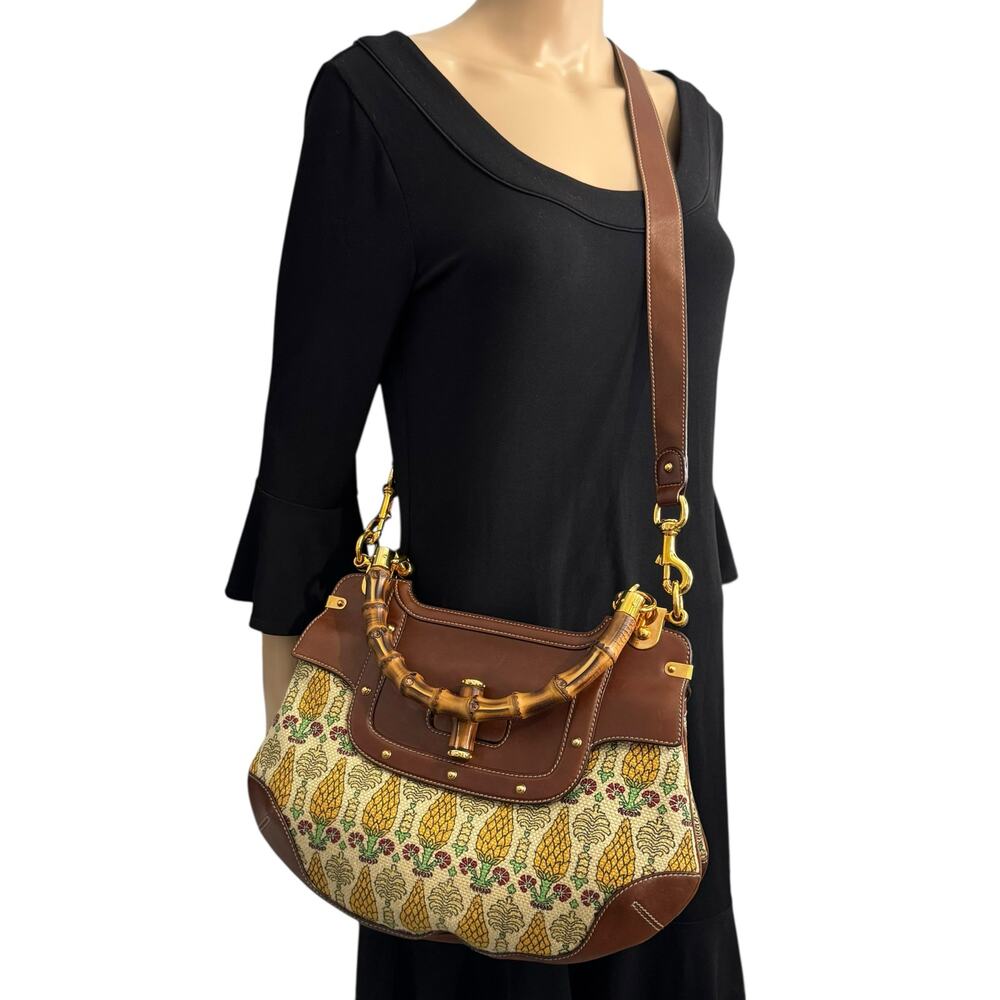 Gucci Brown Leather & Multicolor Tapestry Bamboo-Handle Shoulder Bag - Picture 3 of 16